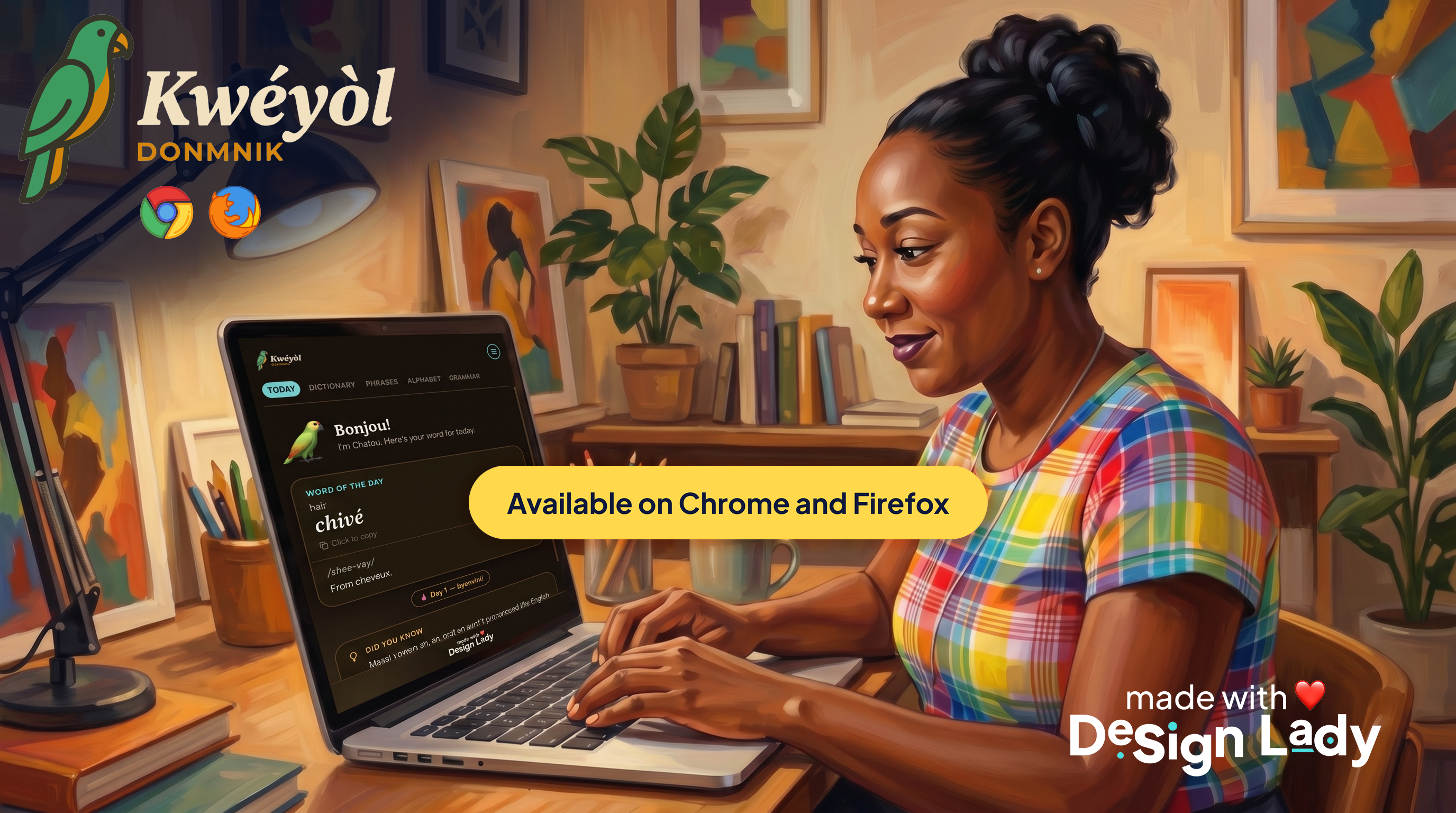 Illustrated scene of a woman typing on a laptop displaying the Kwéyòl Donmnik extension's Today tab. Chrome and Firefox browser icons and a badge reading 'Available on Chrome and Firefox' appear above the laptop.