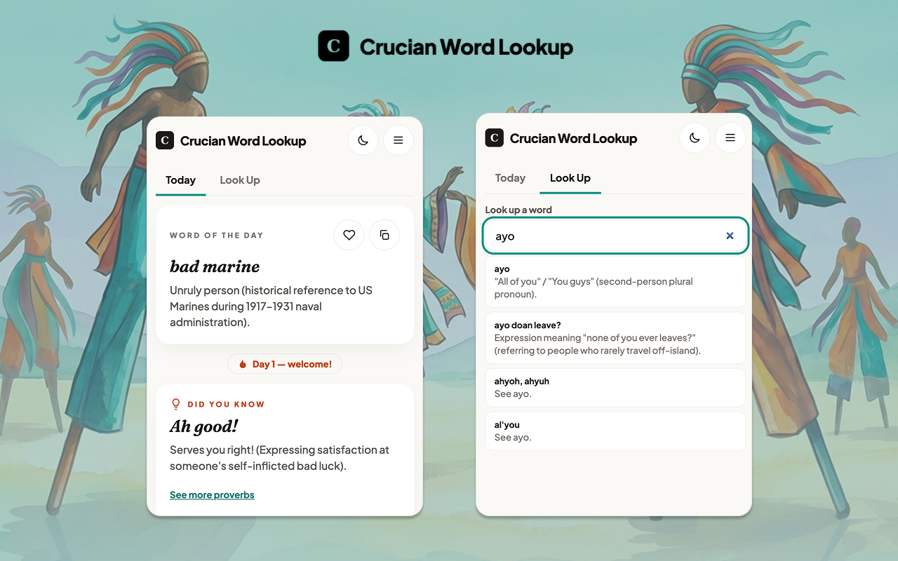 Two Crucian Word Lookup app screens side by side, light theme. Left: Today tab showing the word 'bad marine' with its definition and a proverb card. Right: Look Up tab with search field containing 'ayo' and four matching dictionary results below it.